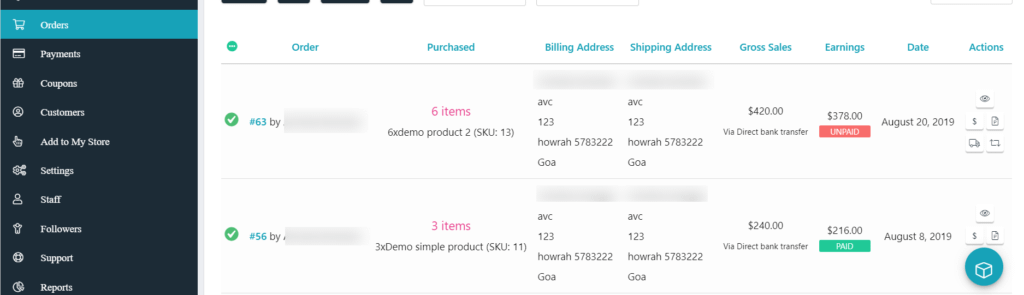 Vendors order tab