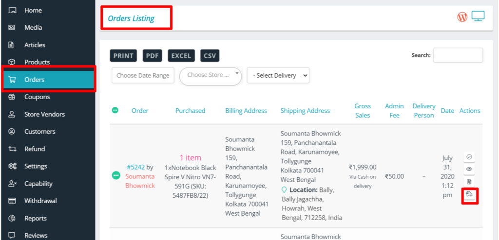 Assign Delivery Person Order Details Page