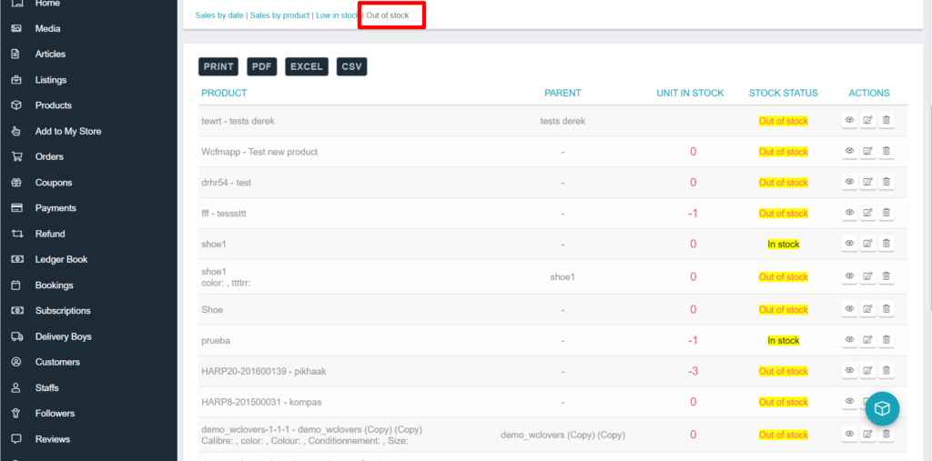 Out of Stock report