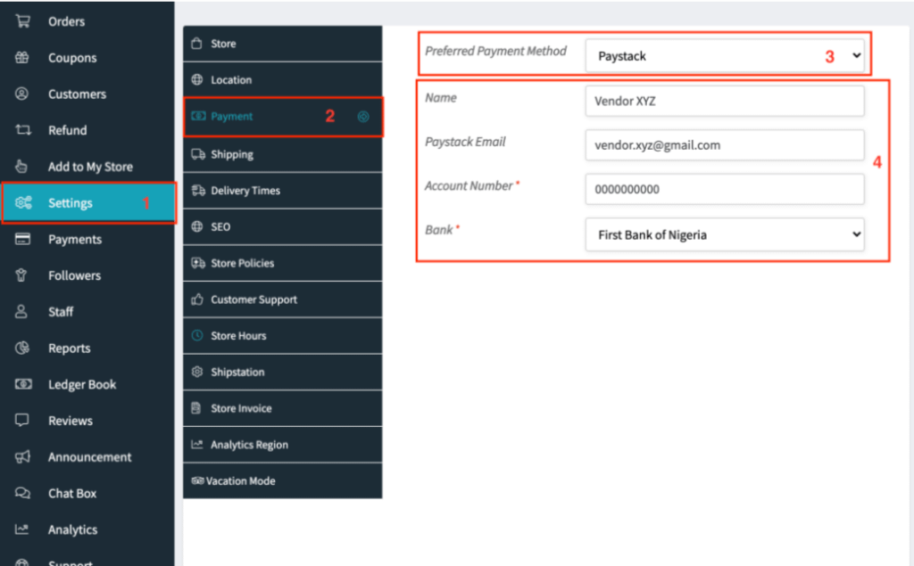 Paystack vendor setup