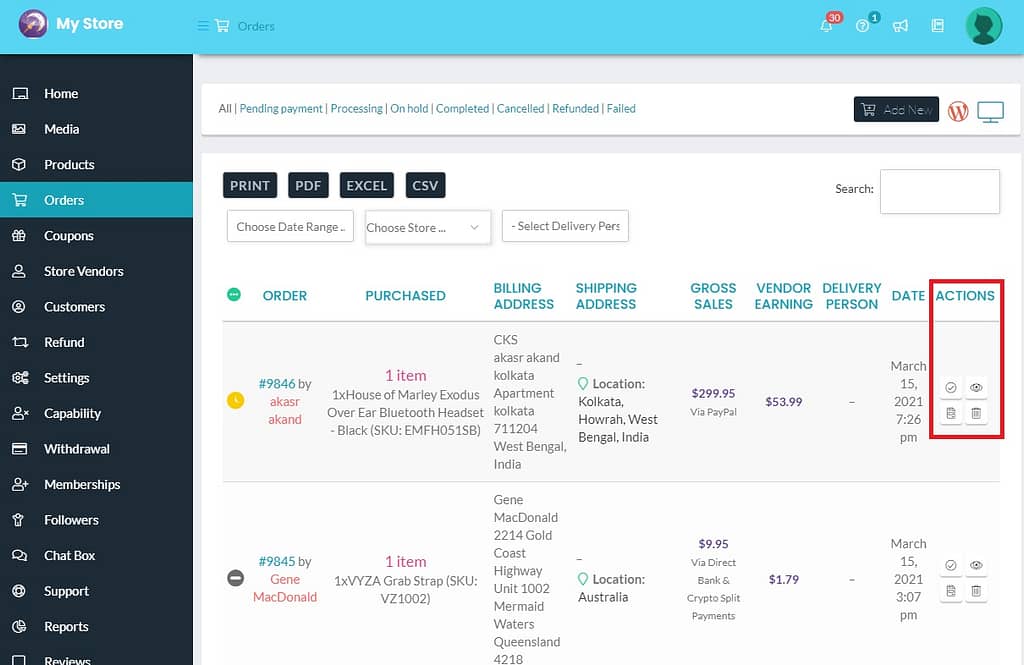 EziMoon Orders Dashboard Actions