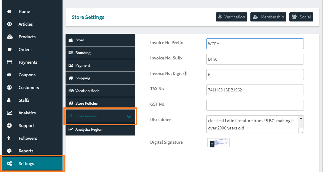 Store invoice setting