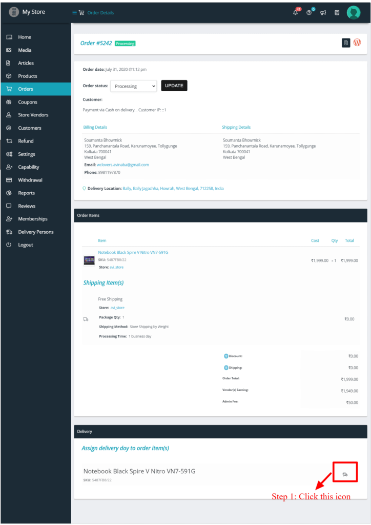 Assign Delivery Person Order Details Page 2